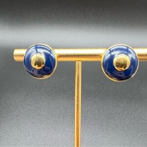 Vintage Gold Tone And Cobalt Blue Enamel Pierced Stud Earrings
